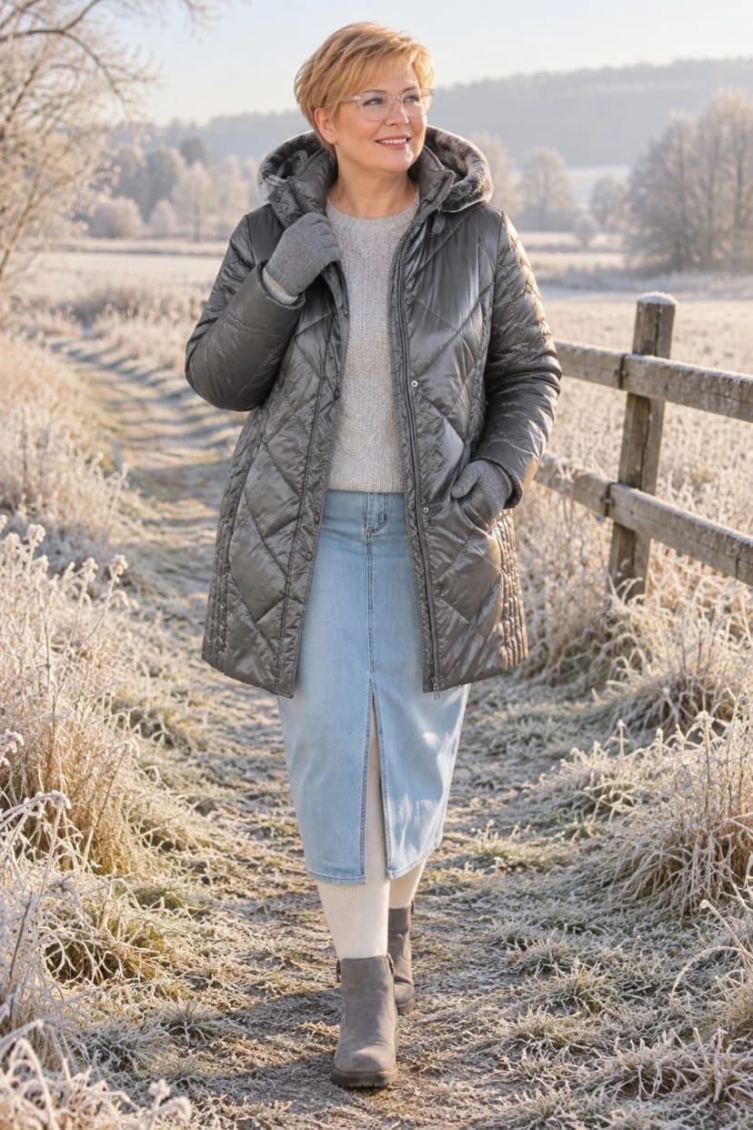 Frau trägt Heller Denim mit Titan und Offwhite – Frostiger Morgen, minus 1 Grad, Spaziergang mit Raureif