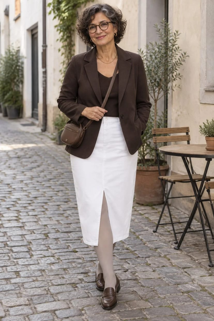 Frau trägt Heller Jeansrock mit braunem Blazer – Milder Vormittag, 15 Grad, Kaffee in der Stadt
