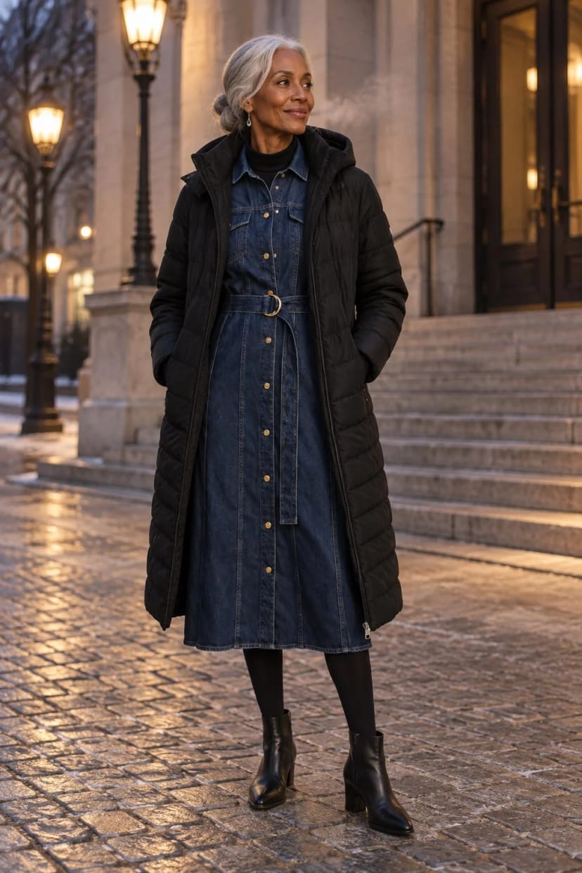 Frau trägt Jeanskleid in Midilänge statt Jeansrock – Eisiger Abend, minus 2 Grad, Weg ins Theater