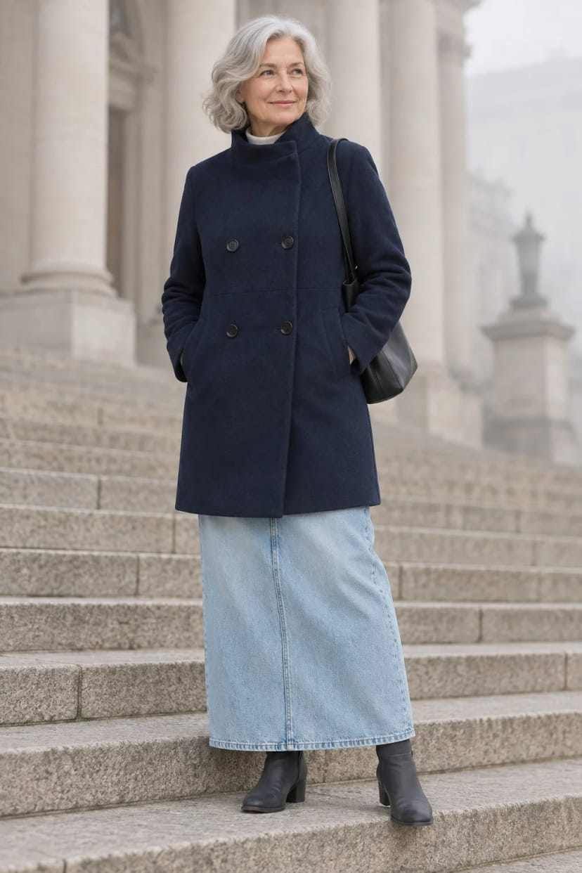 Frau trägt Langer Jeansrock mit Marine-Mantel – Nebliger Sonntag, 4 Grad, Museumsbesuch
