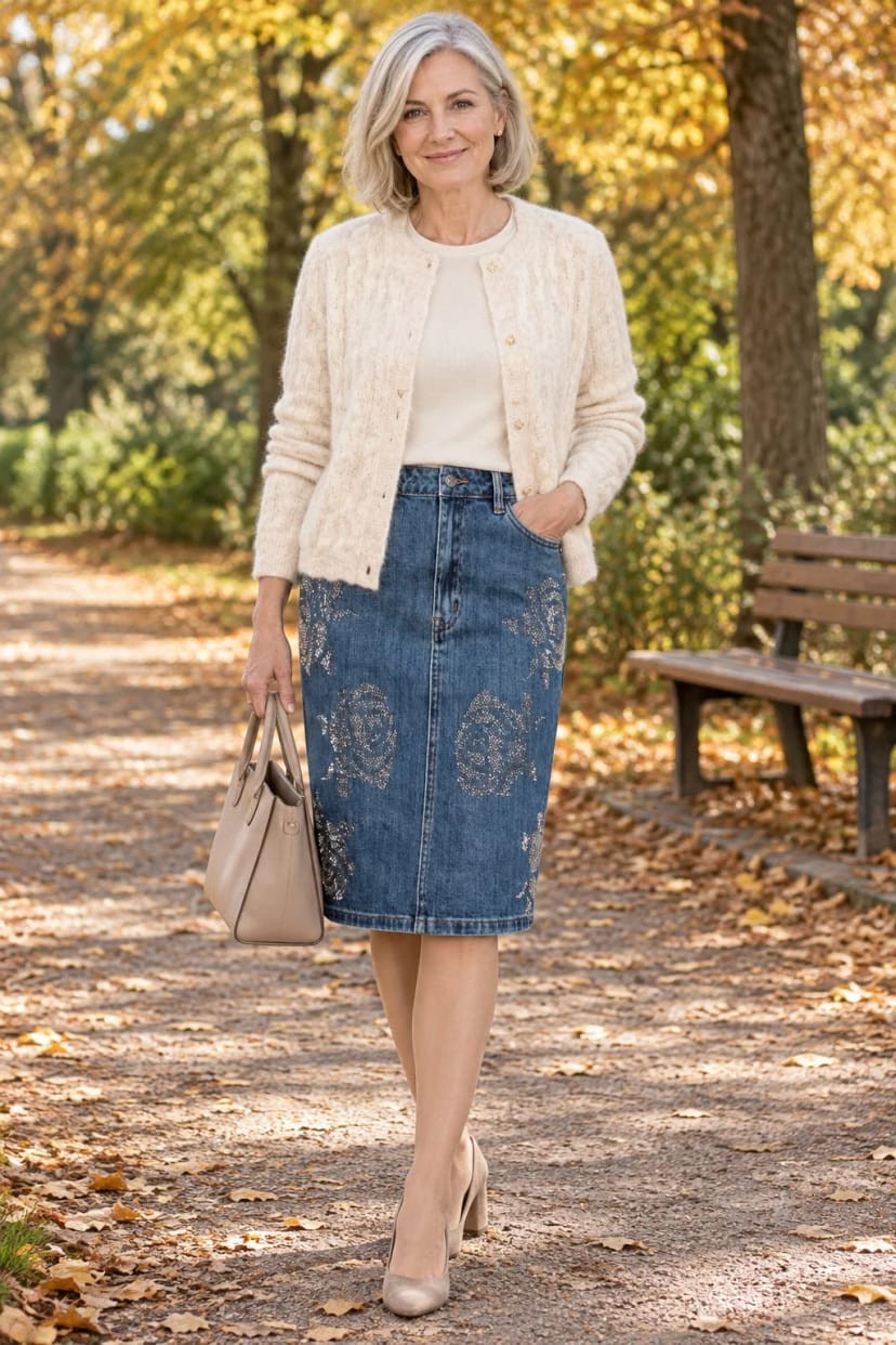 Frau trägt Mittelblauer Denim mit Hafer-Strick – Sonniger Nachmittag, 16 Grad, Spaziergang durch den Park
