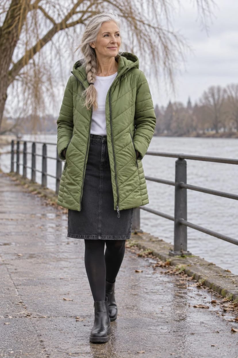 Frau trägt Schwarzer Denim mit Khaki – Windiger Nachmittag, 8 Grad, Runde am Fluss