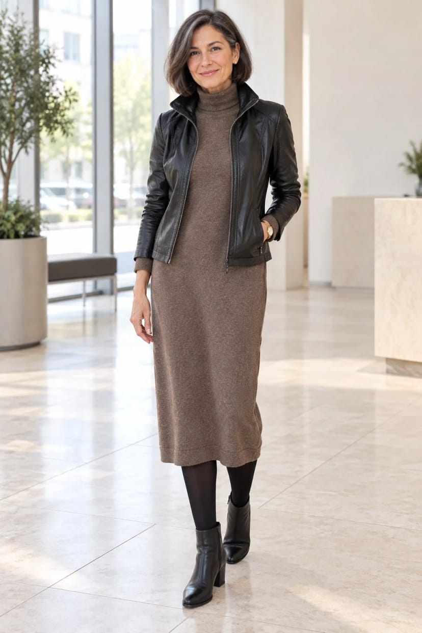 Frau trägt Braunes Strickkleid, schwarze Lederjacke – Teammeeting mit Kundschaft