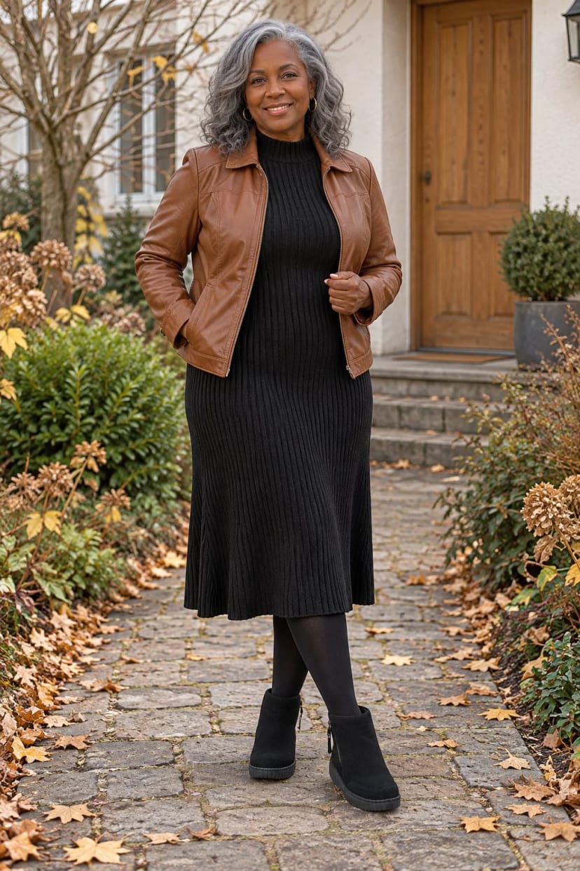 Frau trägt Schwarzes Strickkleid mit Cognac-Leder – Sonntagsbesuch bei den Enkeln