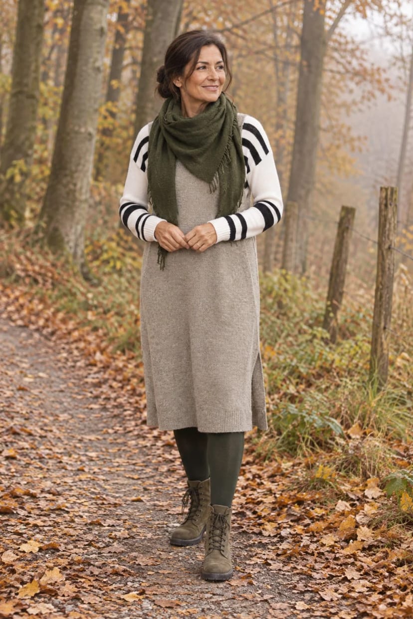 Frau trägt Intarsienpullover über olivfarbenem Midikleid – Intarsie auf Oliv