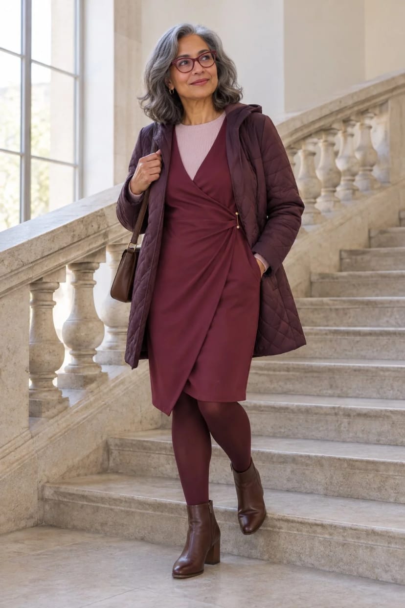 Frau trägt Perlrosa Pullover über bordeauxrotem Wickelkleid – Perlrosa über Bordeaux