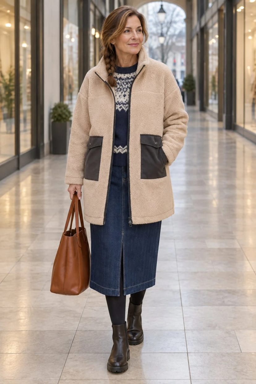 Frau trägt Beige-brauner Wintermantel zum Jeans-Midirock – Besorgungen in der Stadt bei Schneeregen