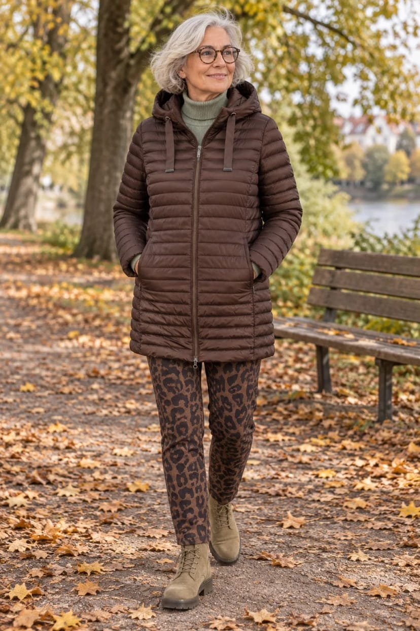 Frau trägt Brauner Funktionsmantel Ton in Ton – Runde durch den Stadtpark an einem windigen Tag