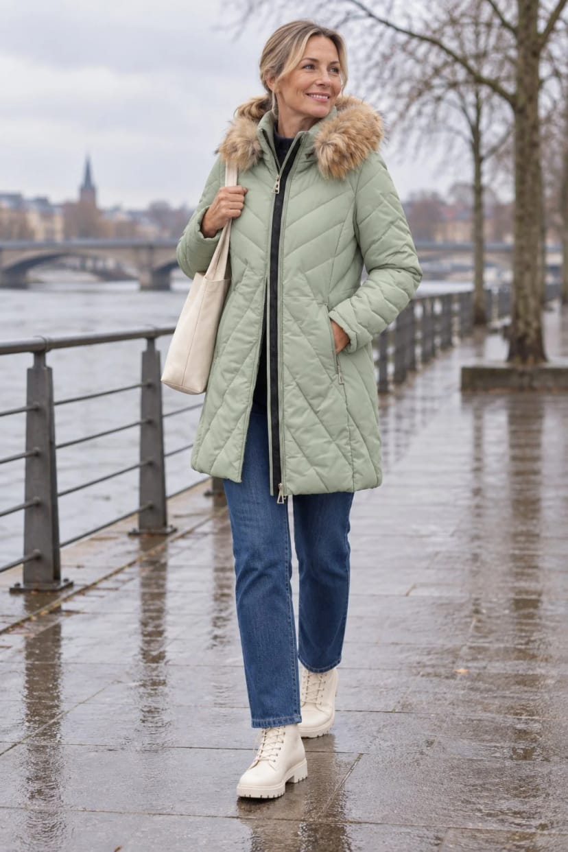 Frau trägt Lindgrüner Funktions-Kurzmantel mit hellen Boots – Spaziergang am Fluss bei Nieselregen