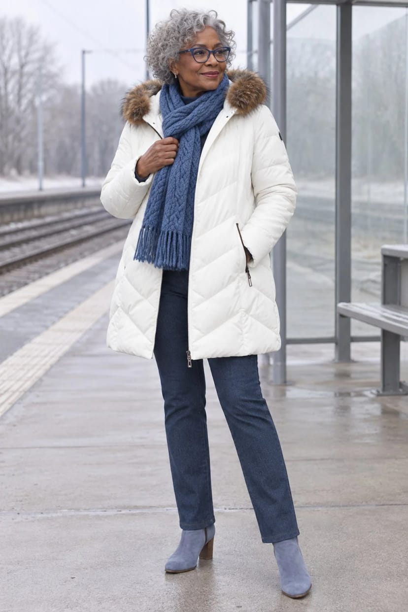 Frau trägt Naturweißer Kurzmantel zu dunklem Blau – Mit dem Zug zu den Enkeln an einem grauen Januartag
