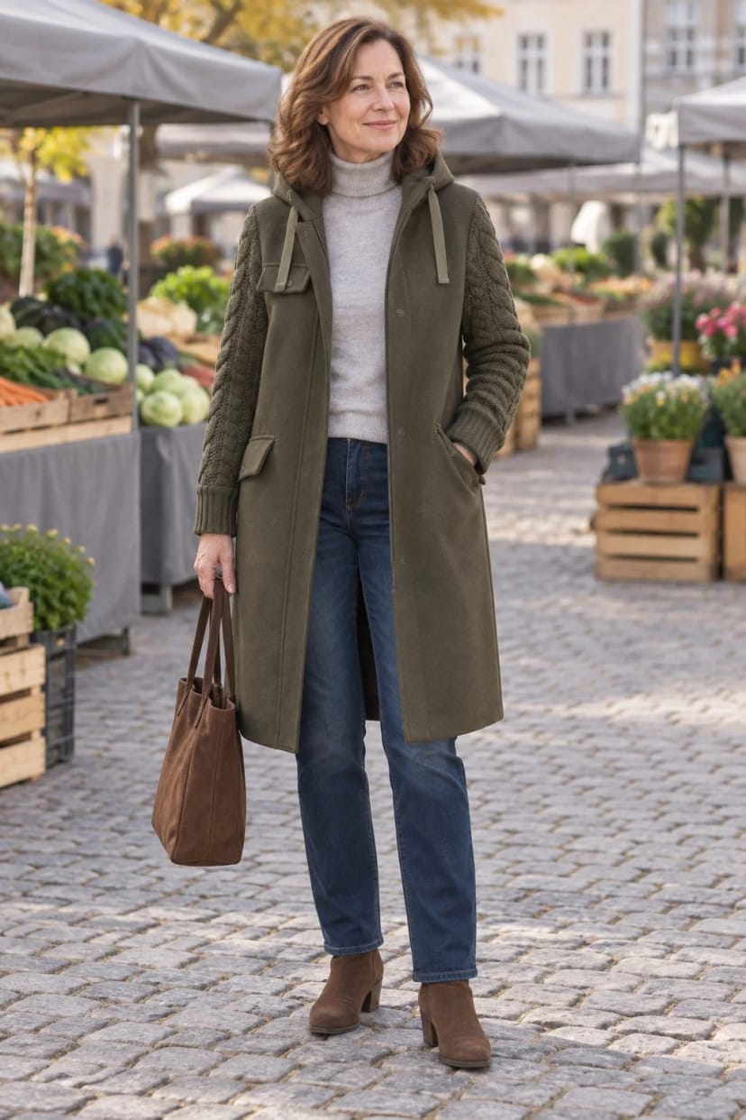 Frau trägt Olivgrüner Kurzmantel zur geraden Jeans – Samstagvormittag auf dem Wochenmarkt bei 14 Grad