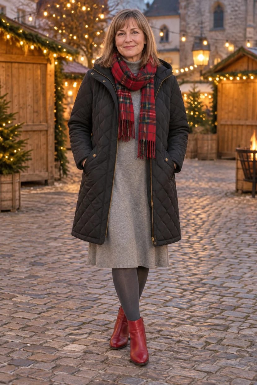 Frau trägt Schwarzer Steppmantel zum grauen Strickkleid – Adventsnachmittag mit Glühwein unter freiem Himmel