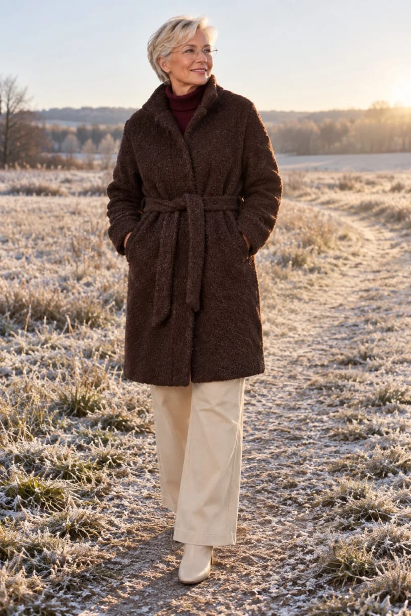 Frau trägt Wintermantel in Java zu hellem Beige – Winterspaziergang bei klarer Kälte und Sonne