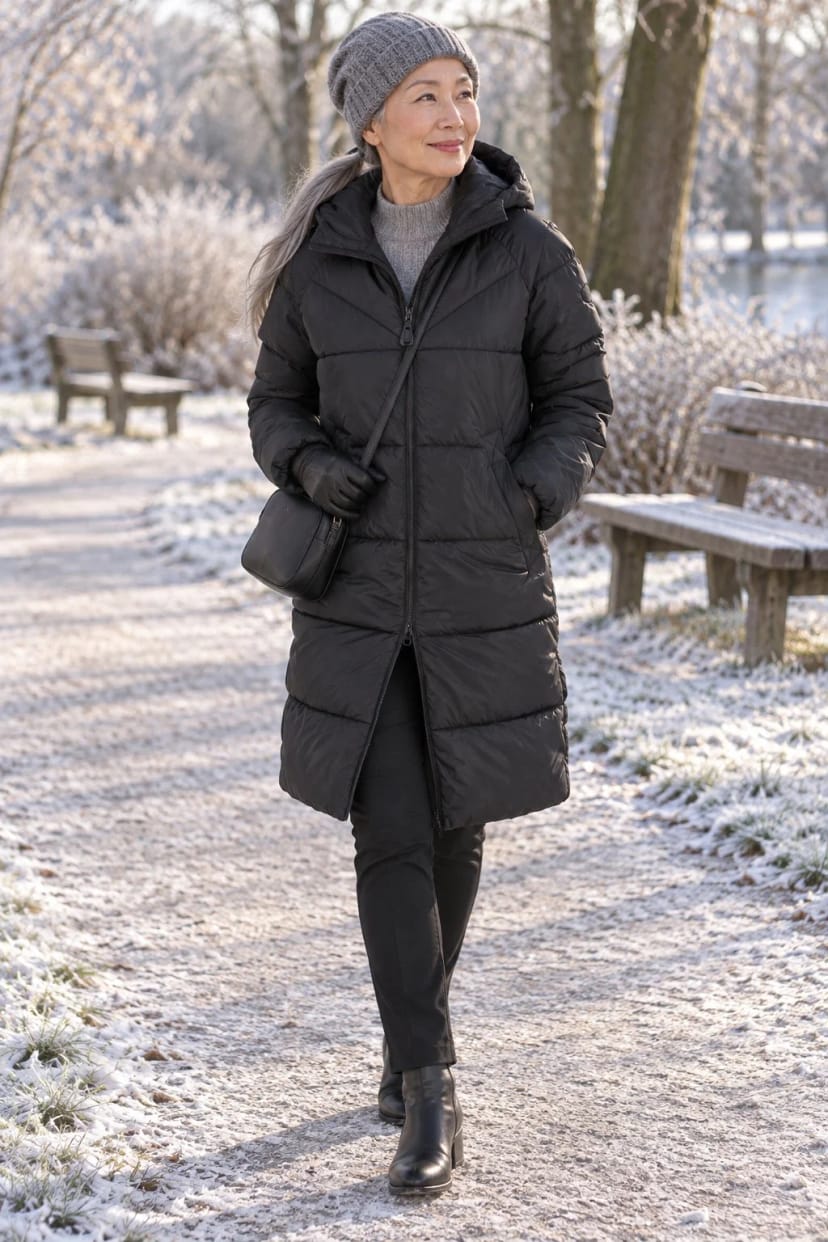 Frau trägt Langer schwarzer Steppmantel mit Schlupfhose – Frostiger Morgen auf dem Weg zur Arbeit