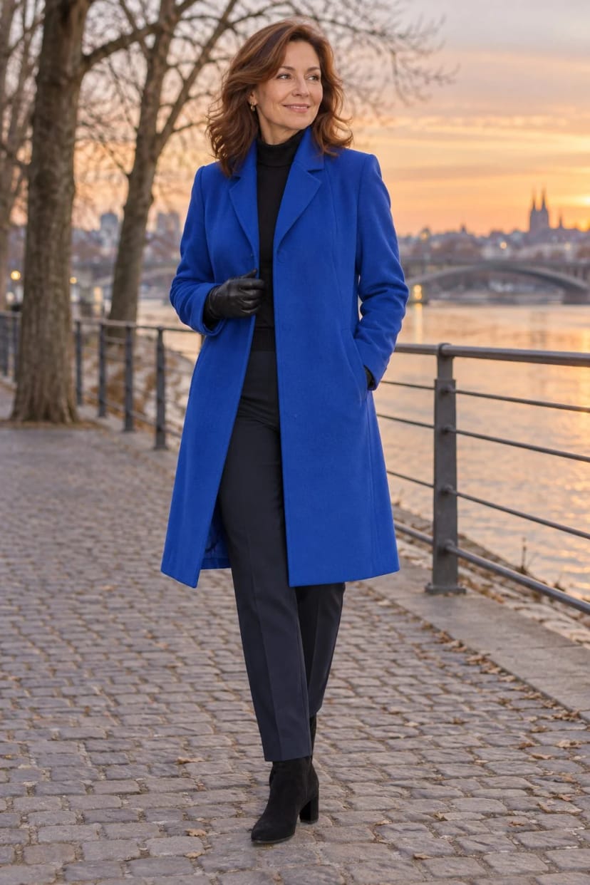 Frau trägt Royalblauer Mantel Ton in Ton – Abendspaziergang zum Konzert