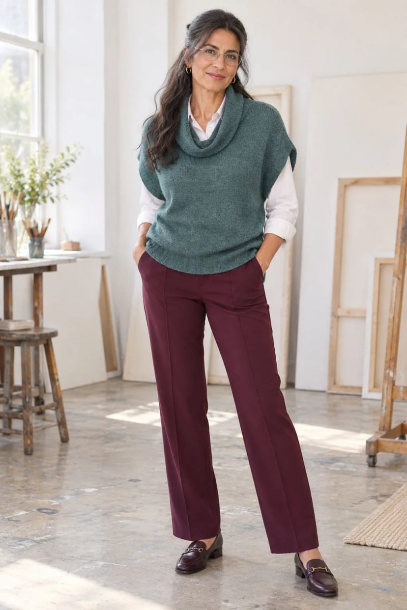 Frau trägt Salbei-Pullunder über Bluse mit Bordeaux-Hose – Nachmittag im Malkurs