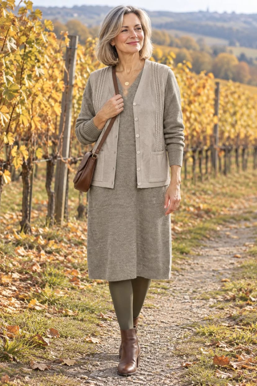 Frau trägt Zopfweste über olivem Midikleid – Herbstspaziergang durch die Weinberge