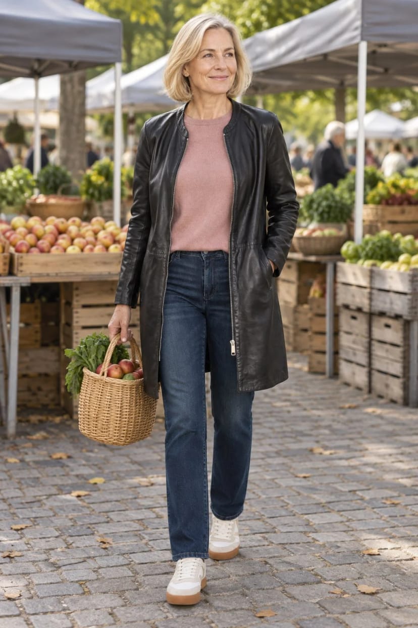 Frau trägt Der Klassiker mit gerader Jeans – Wochenmarkt am Samstagmorgen