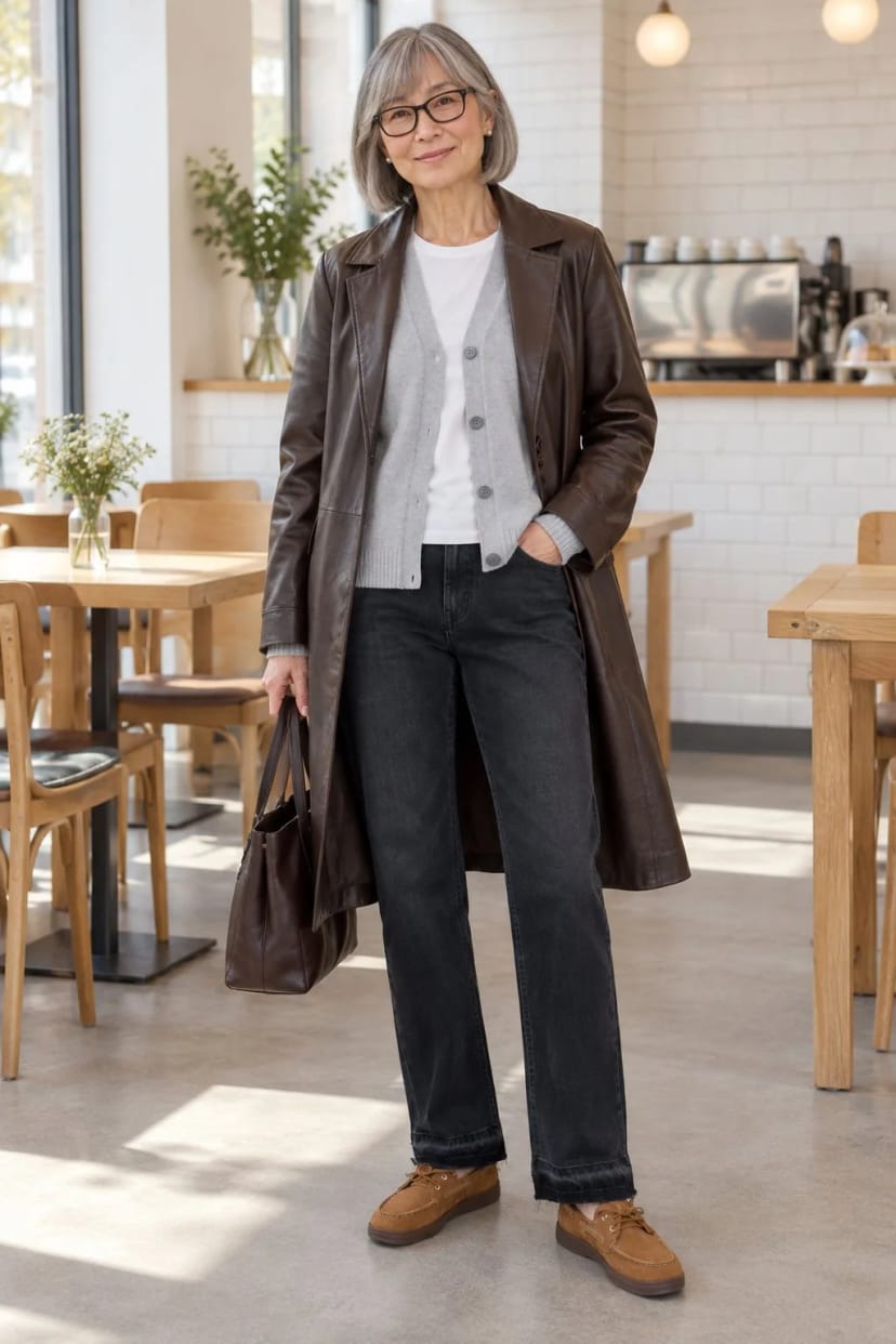 Frau trägt Schwarze Jeans, heller Kaschmir – Mittagessen mit Freundinnen im Café