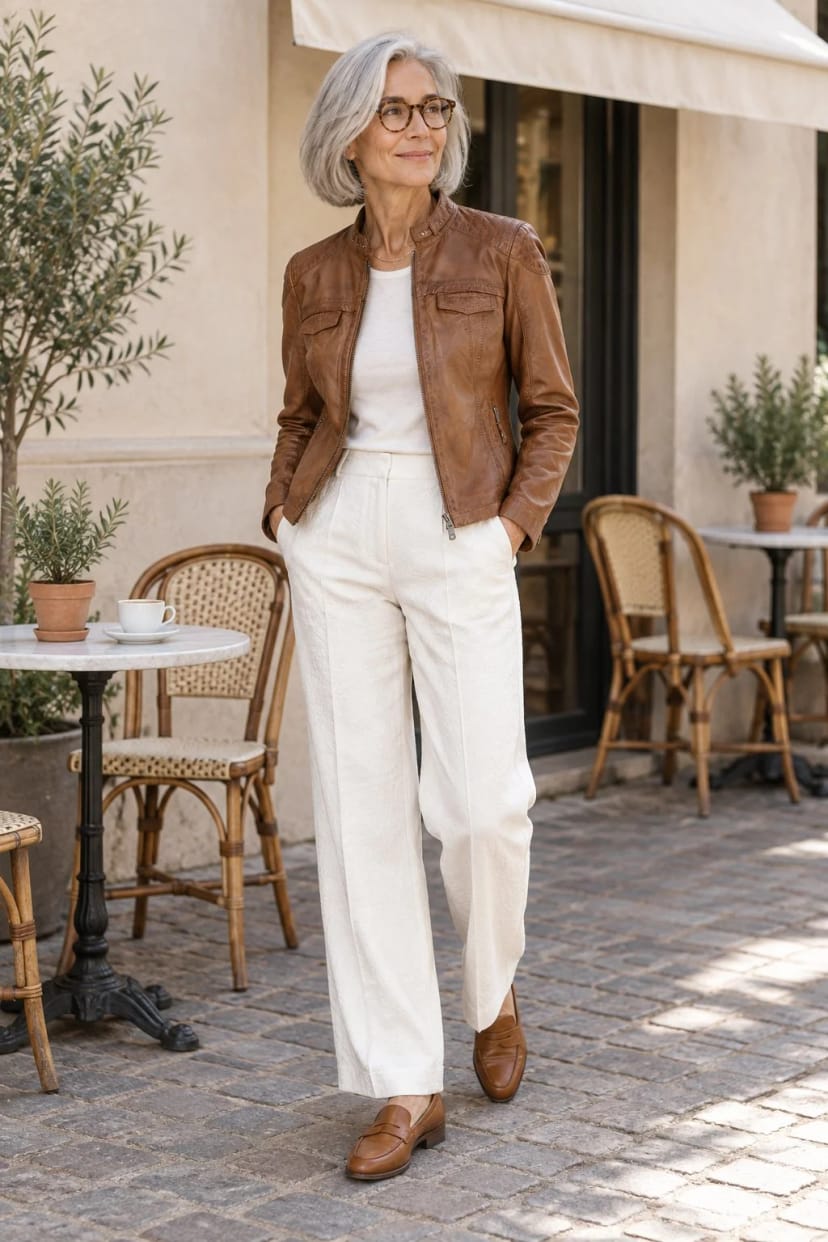 Frau trägt Cognac-Lederjacke zu heller Hose – Kaffee mit der Freundin