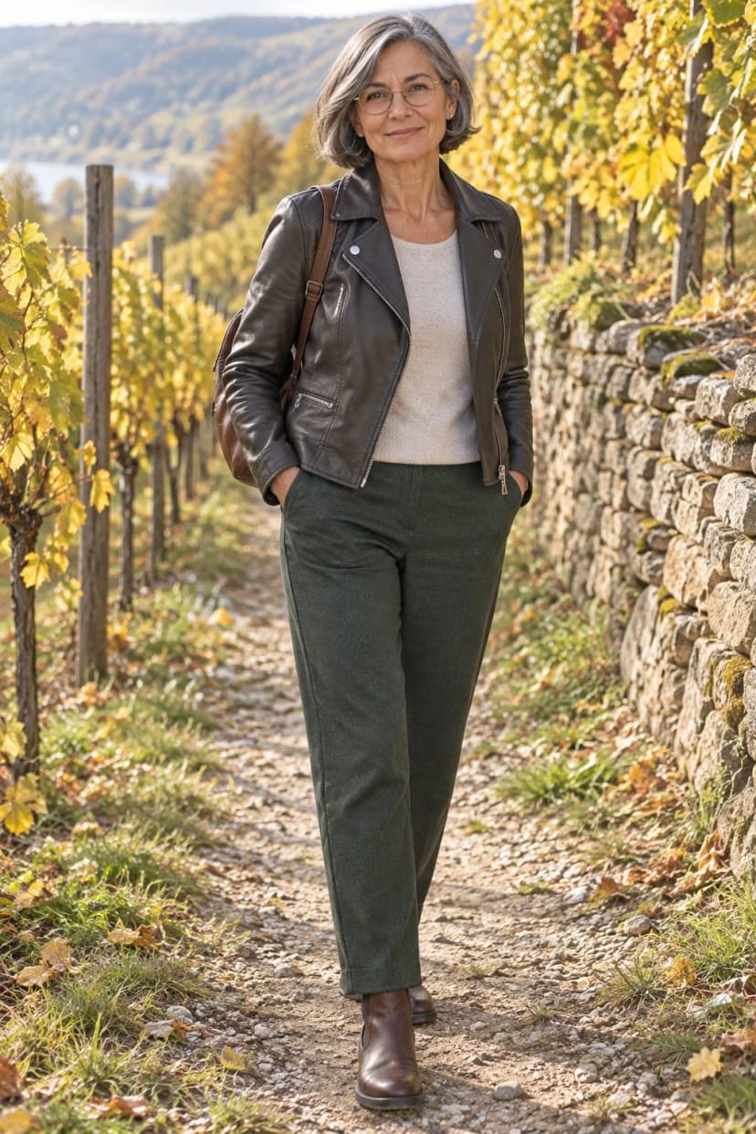 Frau trägt Dunkelbraune Lederjacke mit Salbei und Khaki – Ausflug in die Weinberge