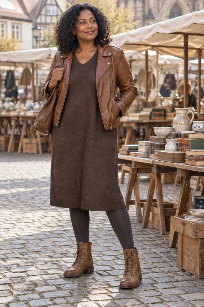 Frau trägt Graues Midikleid unter deiner Lederjacke – Sonntagsbrunch und Flohmarkt
