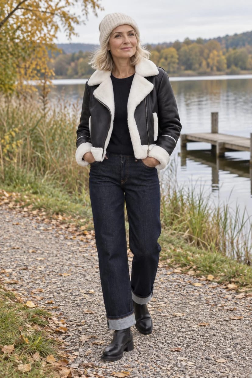 Frau trägt Pilotenjacke mit Teddyfutter zur dunklen Jeans – Spaziergang am See