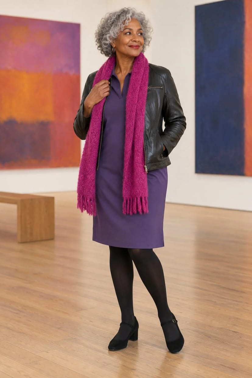 Frau trägt Schwarz mit Lila und Fuchsia – Vernissage am frühen Abend