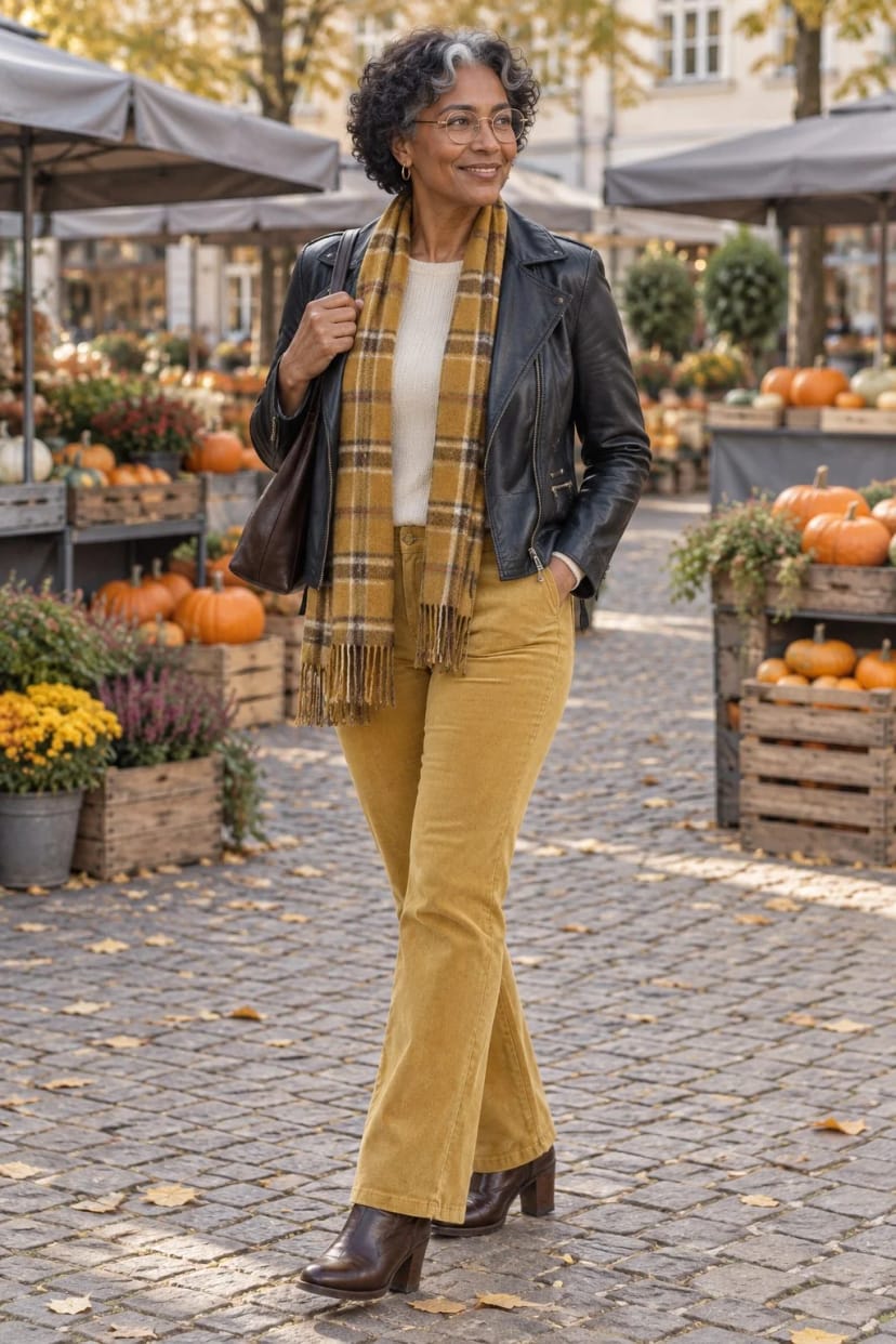 Frau trägt Schwarz mit Ocker-Cord und Senf – Herbstmarkt am Nachmittag
