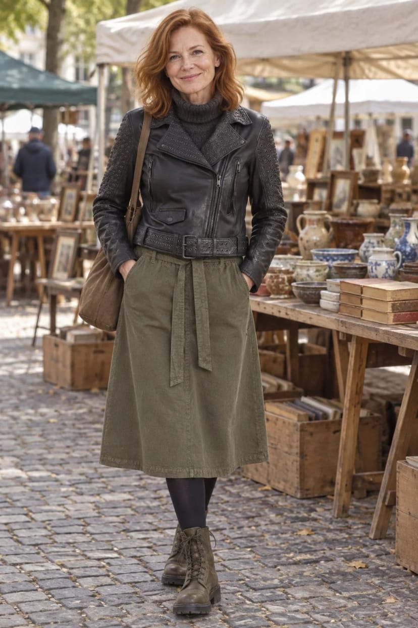 Frau trägt Schwarz mit Oliv und Khaki – Flohmarkt am Sonntagmorgen
