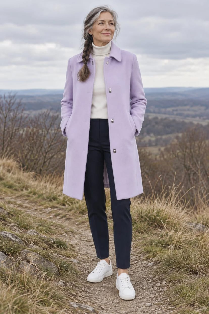 Frau trägt Amethyst-Wollmantel mit Ledergürtel – Kalter Westwind, 8 Grad