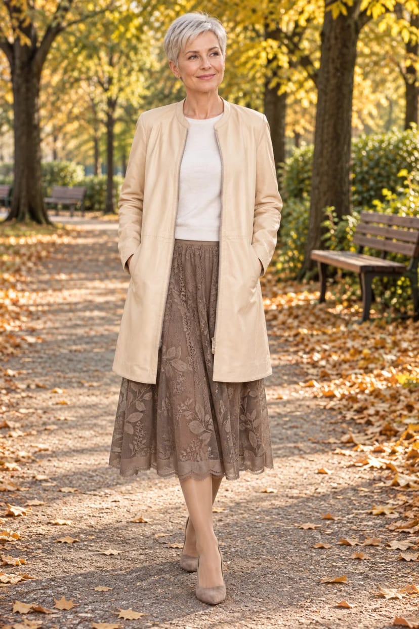 Frau trägt Puderfarbenes Leder zu Taupe und Salbei – Sonniger Oktobernachmittag, 16 Grad