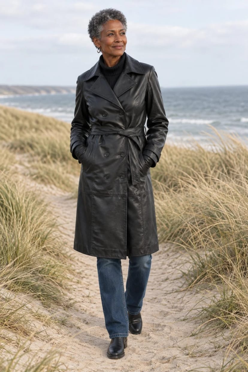Frau trägt Schwarzer Leder-Trench zu Straight-Jeans – Böiger Herbsttag, 10 Grad