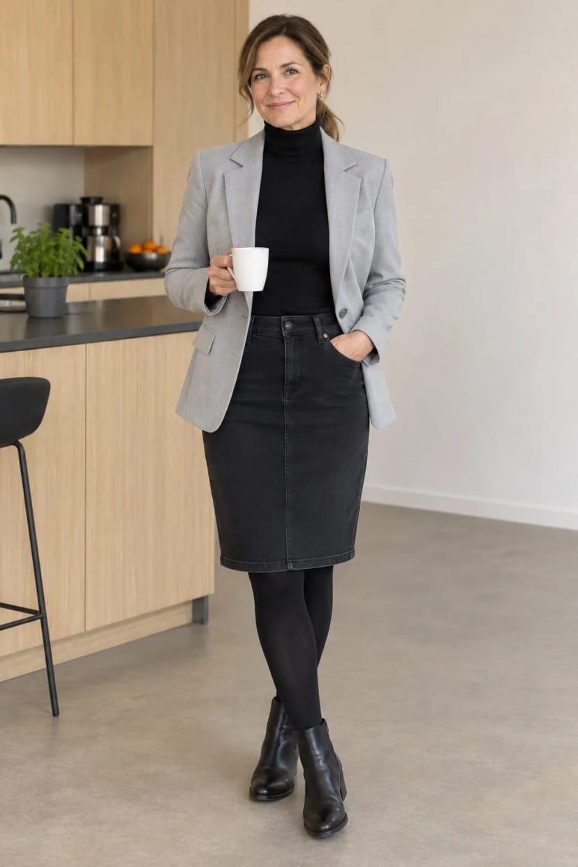 Frau trägt Die matte Variante: schwarzer Denimrock mit Wollblazer – Casual Friday