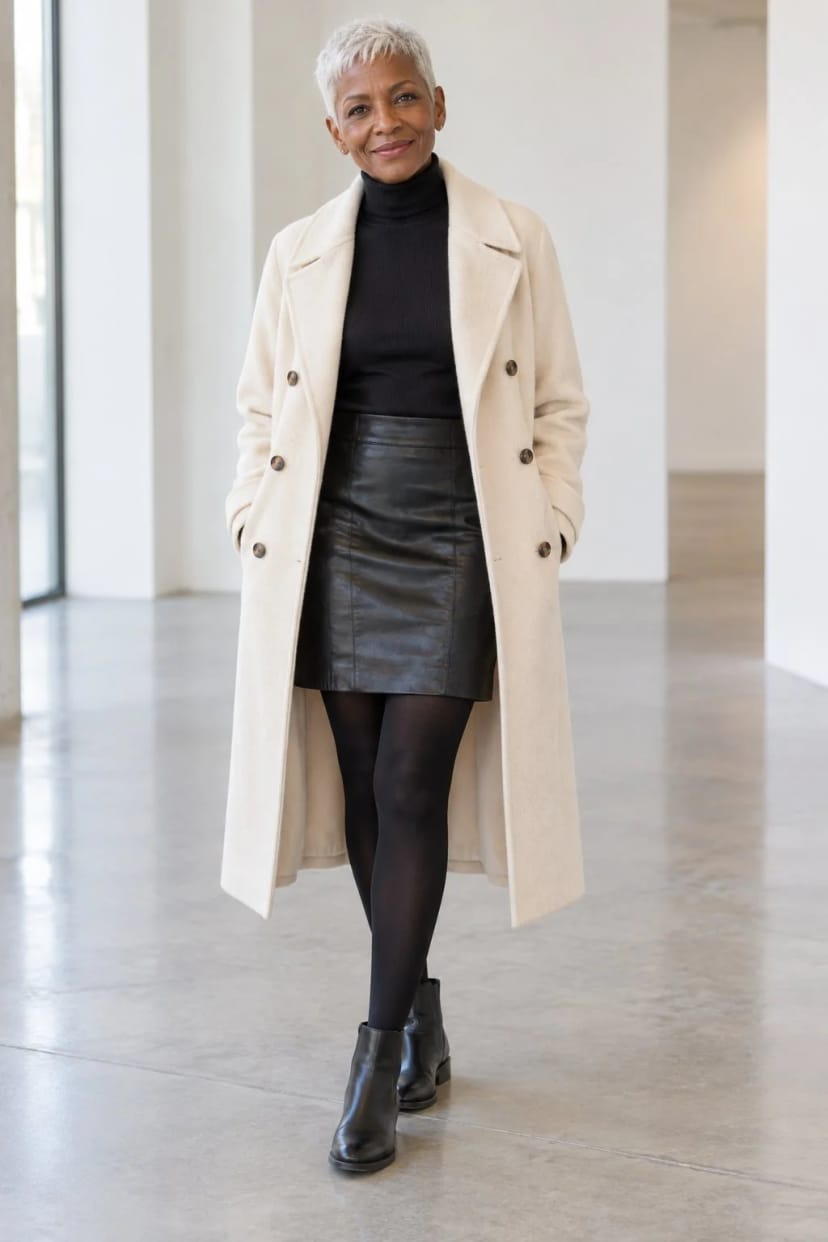 Frau trägt Kurzer Lederrock, langer weißer Mantel – Vernissage am Sonntagnachmittag