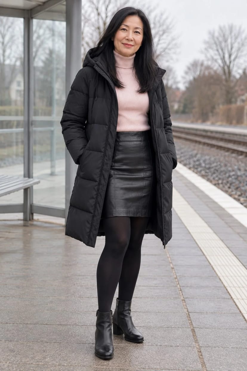 Frau trägt Kurzer Lederrock unter langem Daunenmantel – Morgens zur Bahn