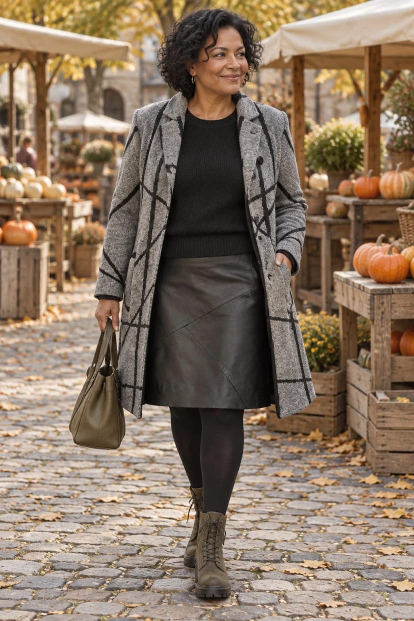 Frau trägt Strickmantel in Grau-Schwarz mit Schnürstiefeln – Herbstmarkt am Wochenende