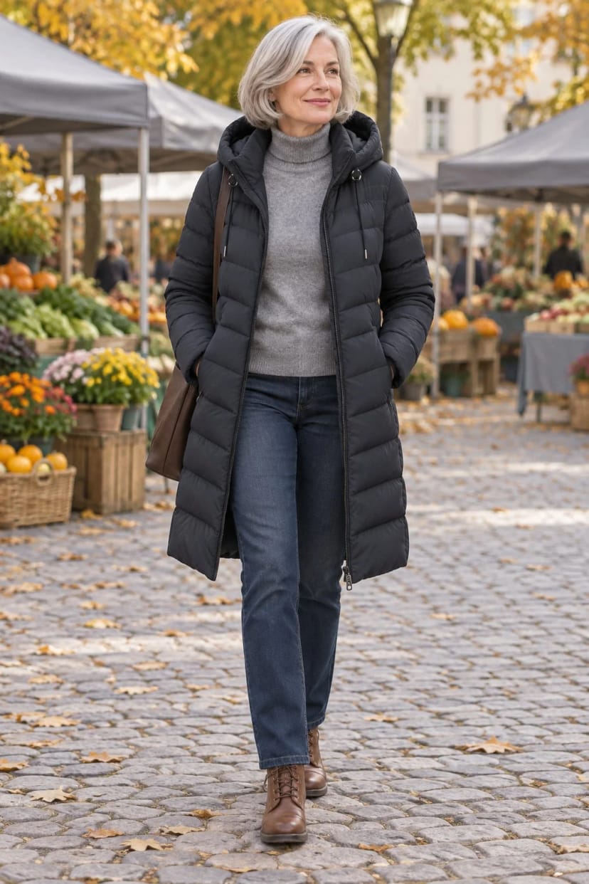 Frau trägt Blauer Steppmantel mit Jeans und Grau – Samstagvormittag auf dem Wochenmarkt