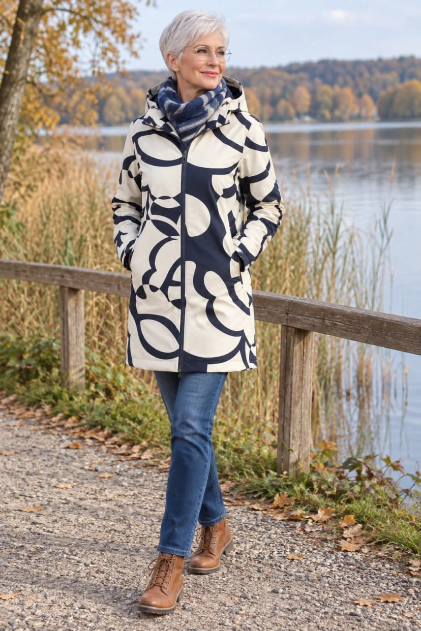 Frau trägt Dunkelblauer Funktionsmantel mit Cognac – Sonntagsspaziergang am See
