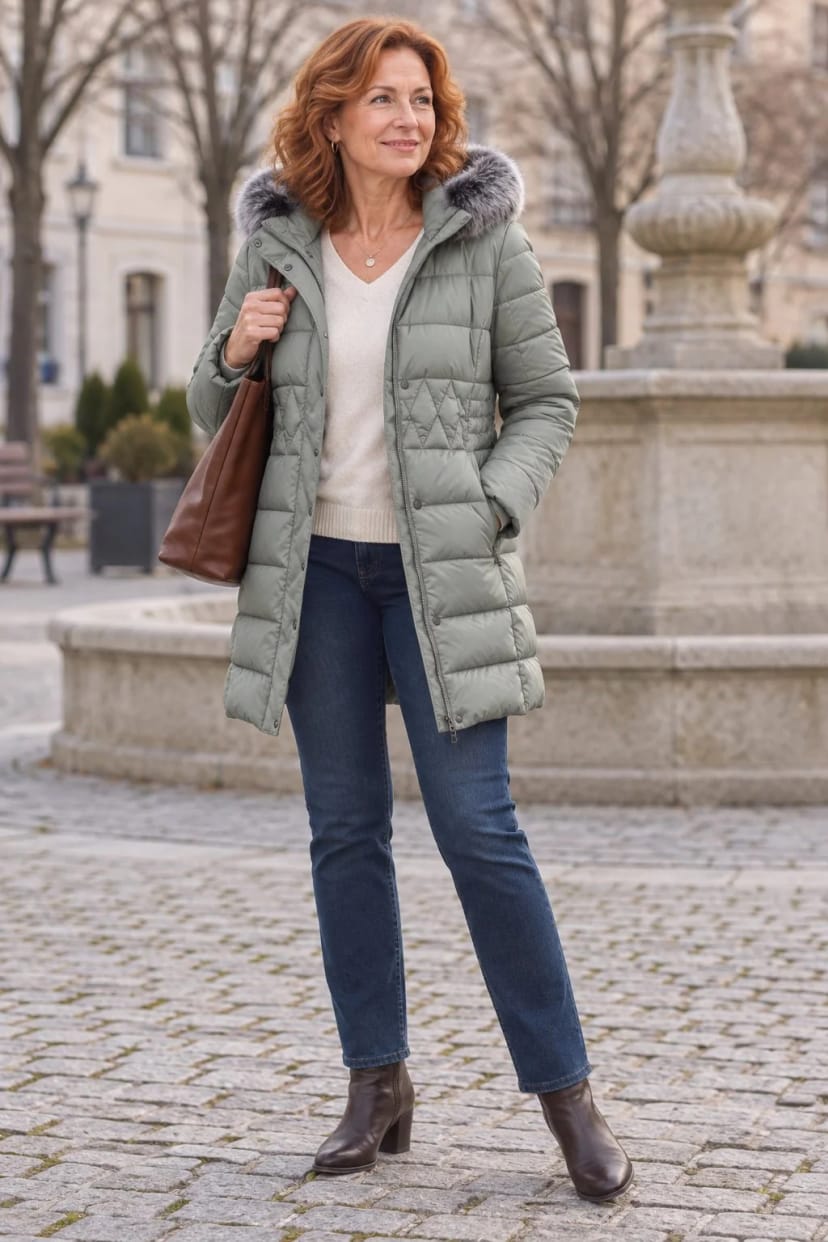 Frau trägt Jadegrüner Kurzmantel mit dunkler Jeans – Treffen mit der Freundin in der Stadt