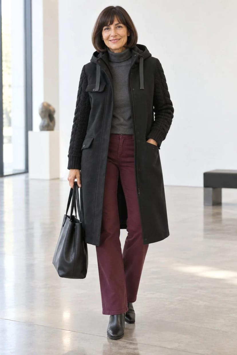Frau trägt Schwarzer Kurzmantel mit Jeans in Bordeaux – Ausstellungsbesuch am Sonntag