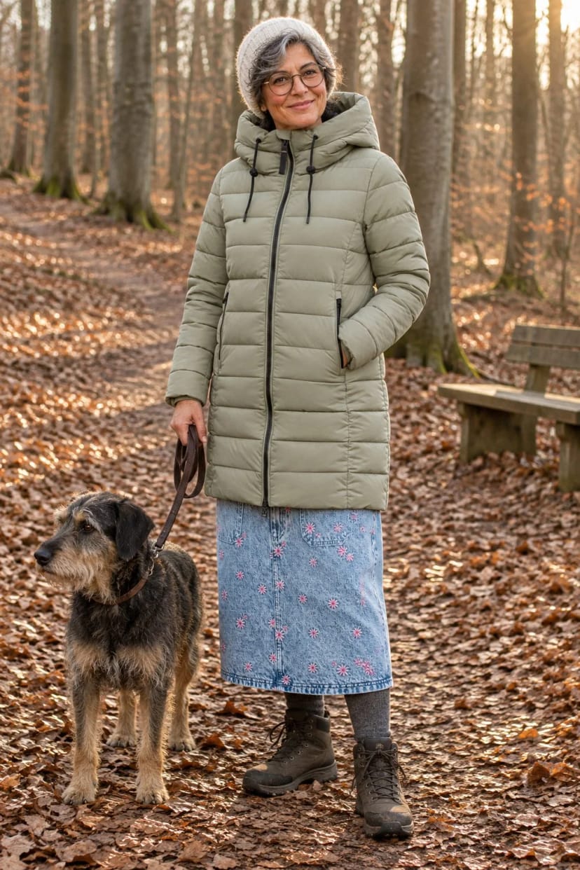 Frau trägt Bestickter Jeansrock mit steingrauer Steppjacke – Waldrunde mit dem Hund