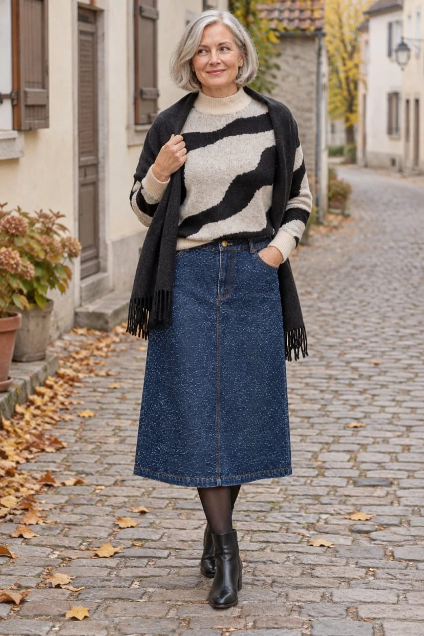Frau trägt Dunkler Jeansrock mit cremefarbenem Rollkragen – Samstagvormittag in der Stadt