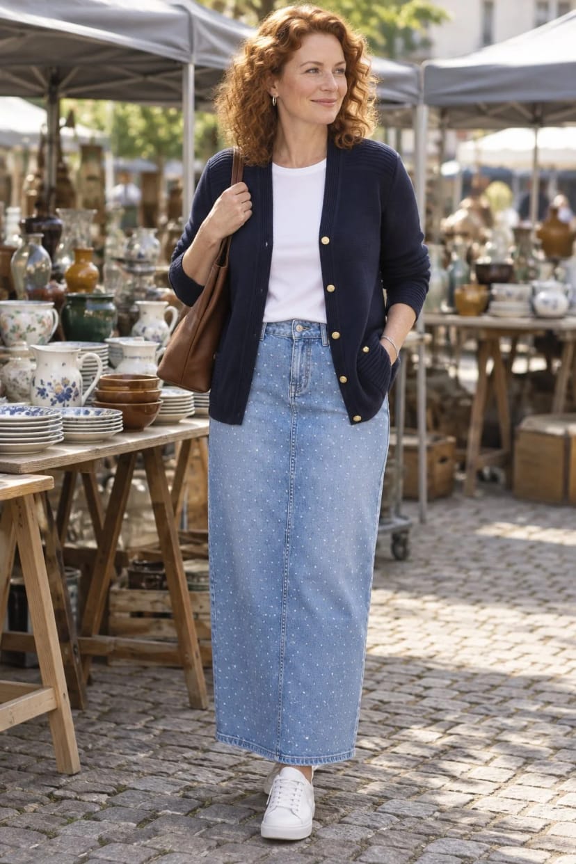 Frau trägt Hellblauer Jeansrock mit marineblauer Schurwolljacke – Bummel über den Flohmarkt