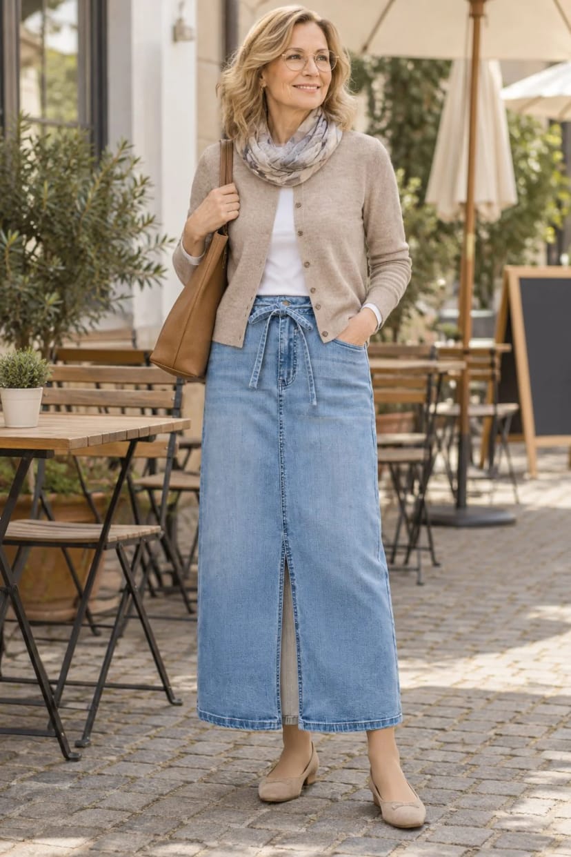 Frau trägt Heller Jeansrock mit beiger Strickjacke – Frühstück im Café