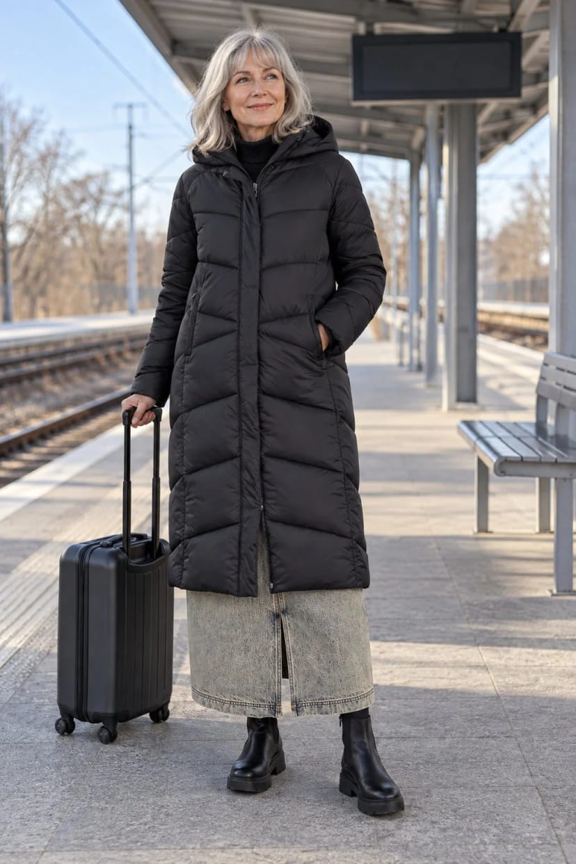 Frau trägt Heller Maxi-Jeansrock mit schwarzem Steppmantel – Bahnfahrt zur Tochter