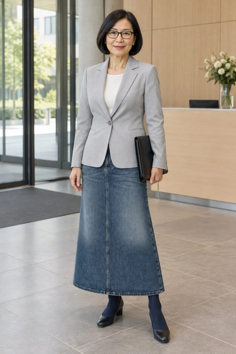Frau trägt Jeansrock in A-Linie mit steingrauem Wollblazer – Termin mit anschließendem Mittagessen