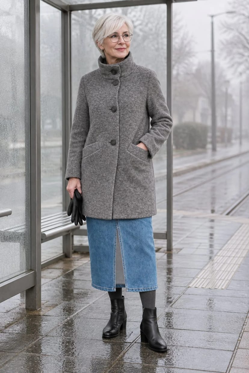 Frau trägt Mittelblauer Jeansrock mit grauem Wollmantel – Weg ins Büro an einem kalten Morgen