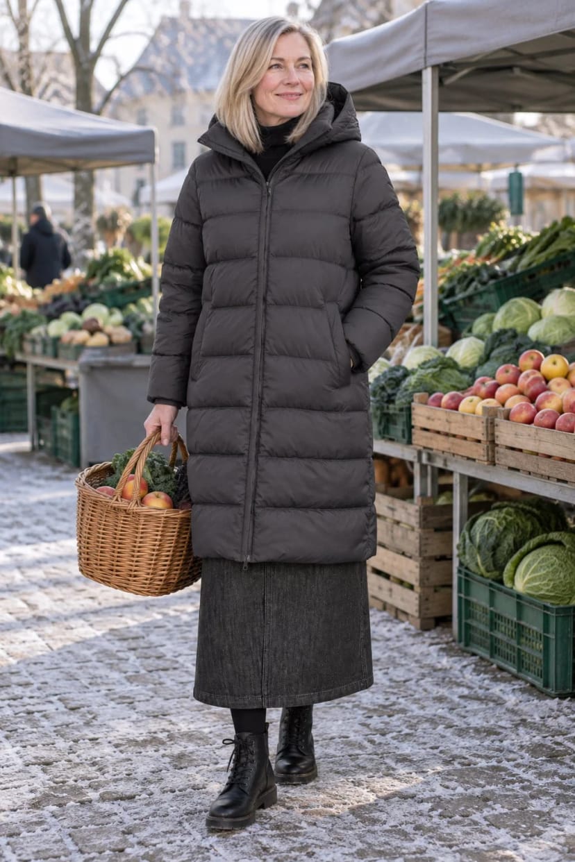 Frau trägt Schwarz gewaschener Denimrock mit dunkelgrauem Steppmantel – Wochenmarkt bei Frost