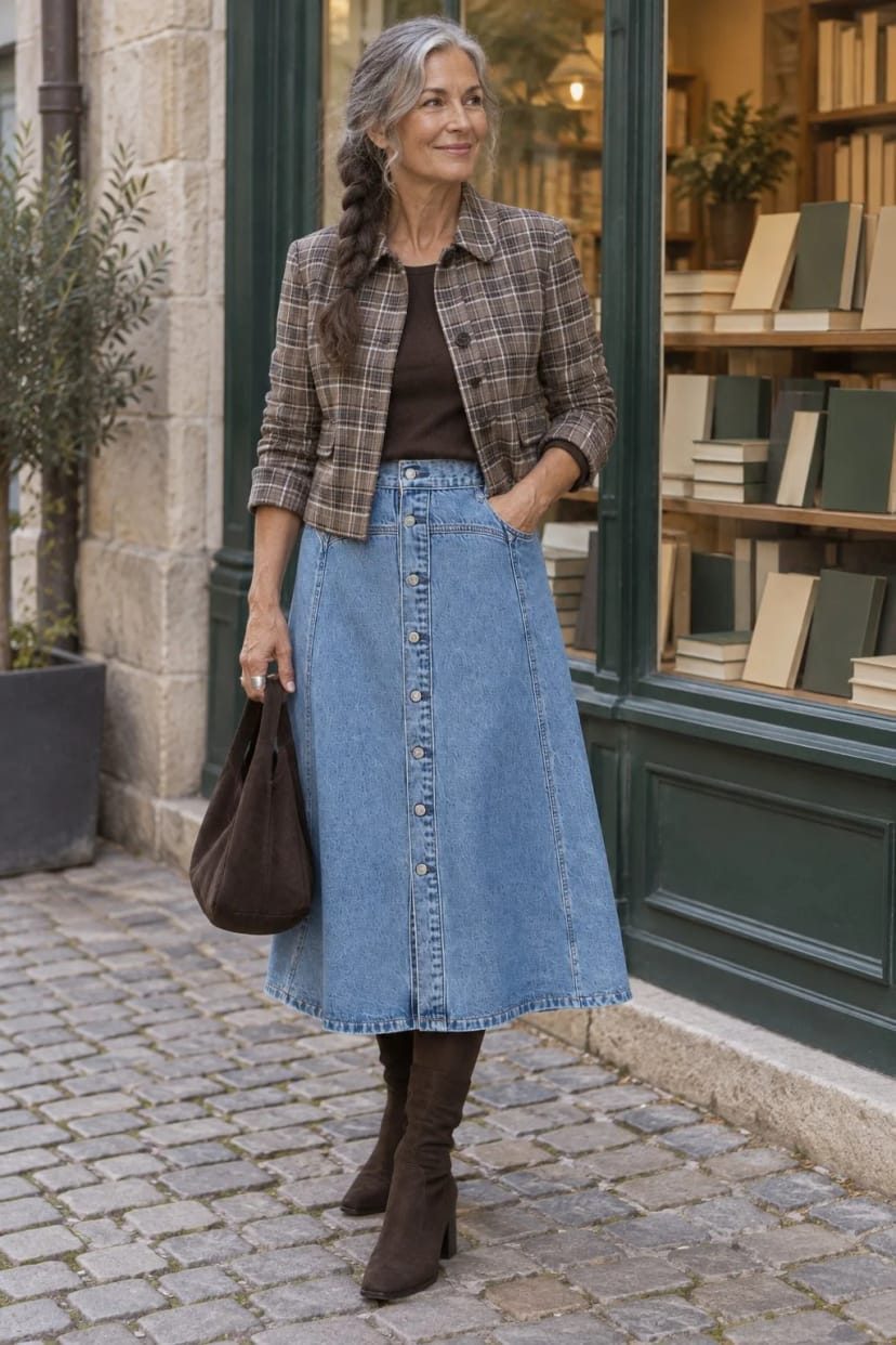 Frau trägt Western-Jeansrock mit kariertem Blazer – Buchhandlung und Kaffee danach